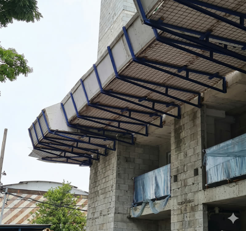 Bandeja de proteção azul instalada em obra de alvenaria estrutural