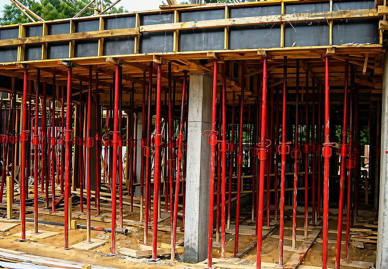Escoras metálicas reguláveis sustentando formas e laje